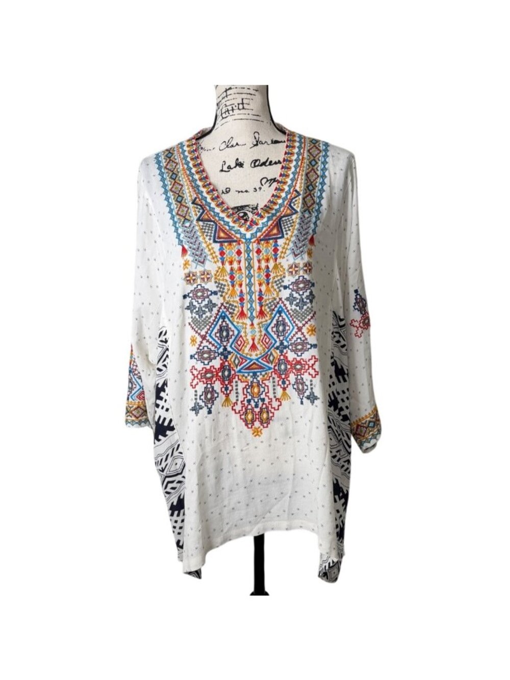 John Mark Womens 2X Embroidered Tunic Top Boho Tribal 3/4-Sleeves